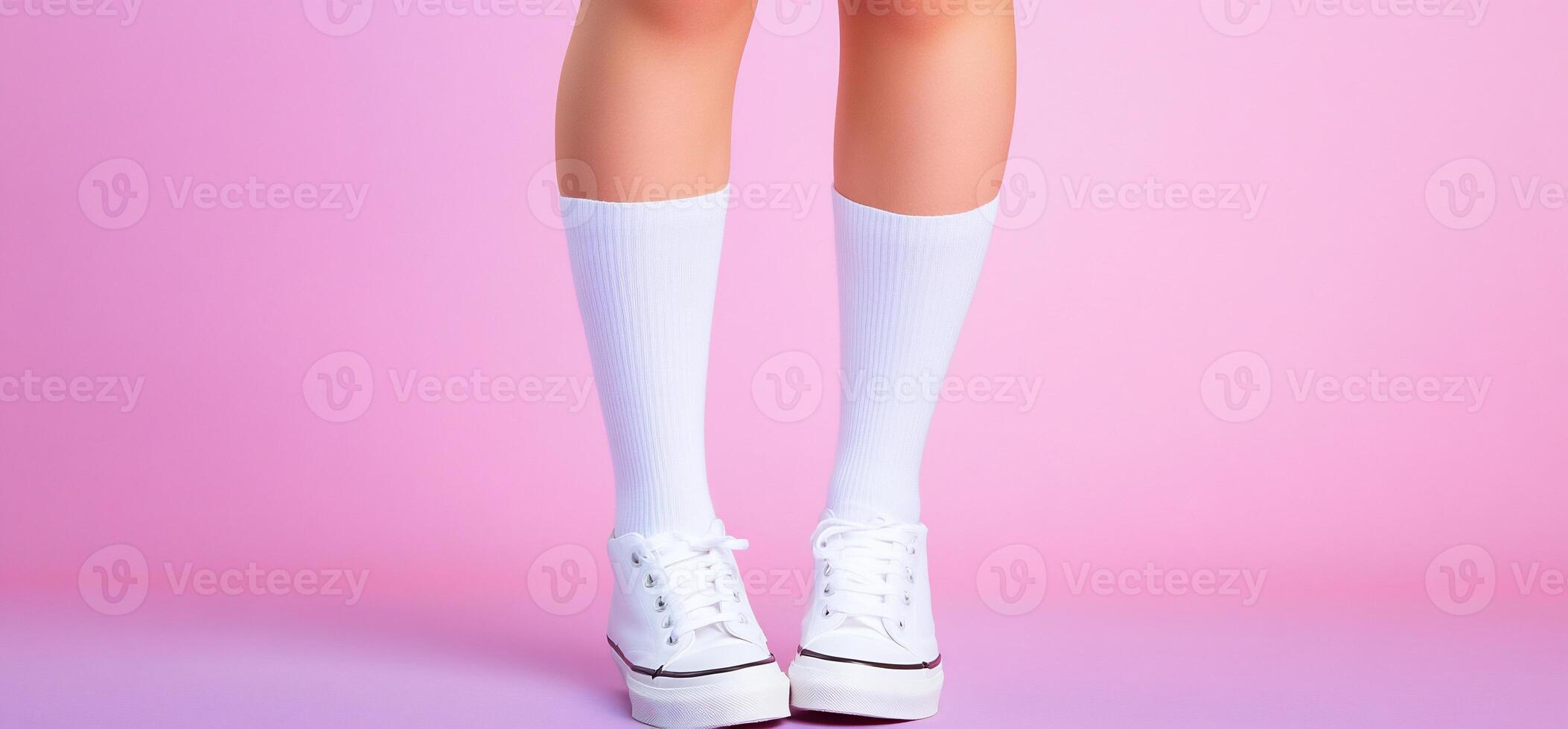 A pair of legs in white socks and sneakers against a pink background. photo