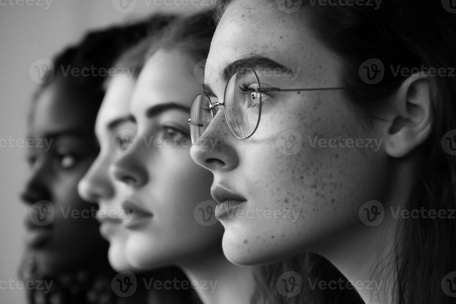 Black and white profile shot of four diverse women in contemplation. photo