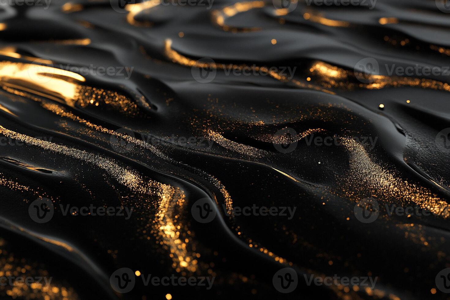 Abstract image of flowing black liquid with golden sparkles. photo
