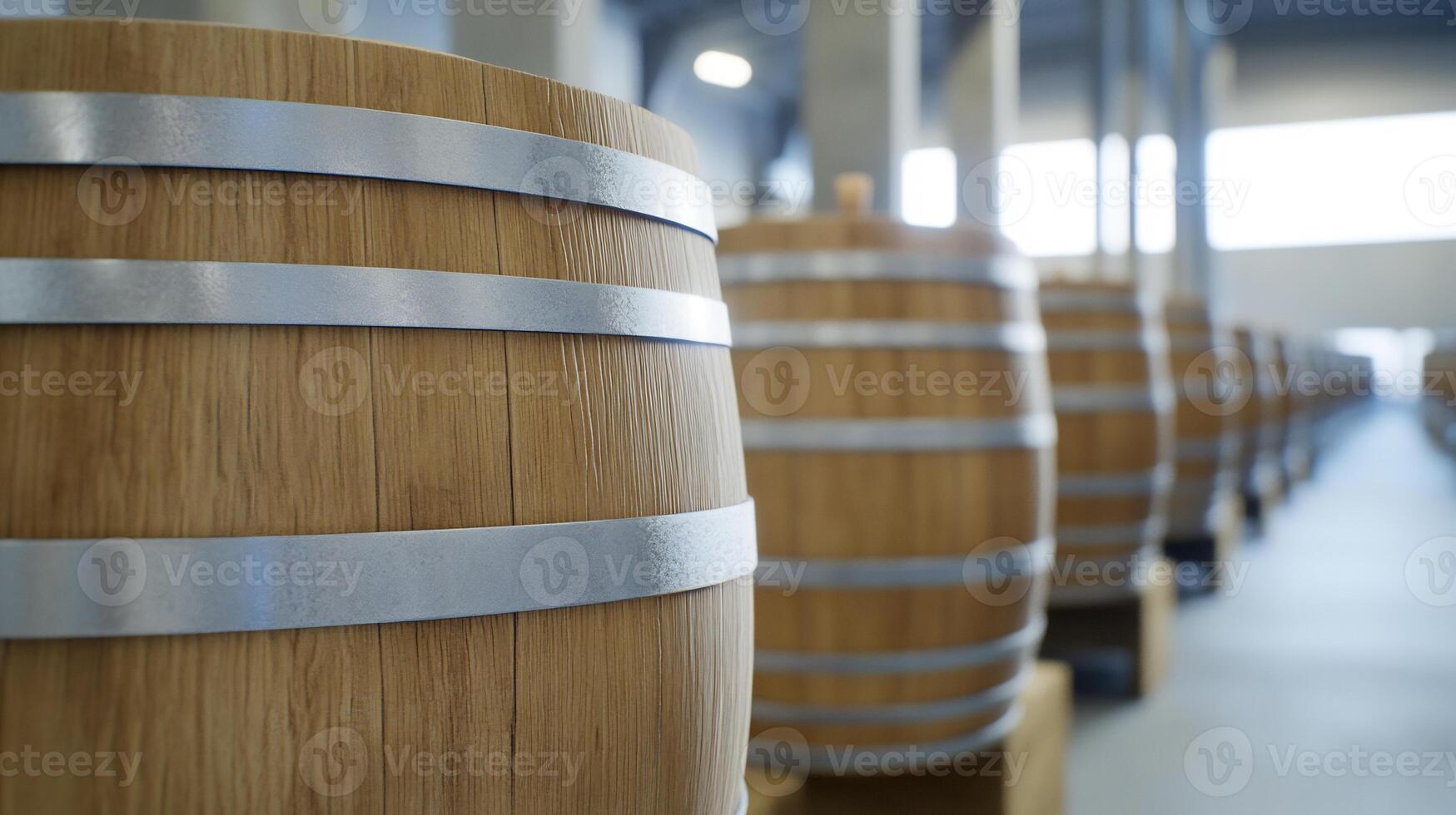 Oak barrels aging in warehouse, sunlight background. Stock photo for wine, spirits, brewery