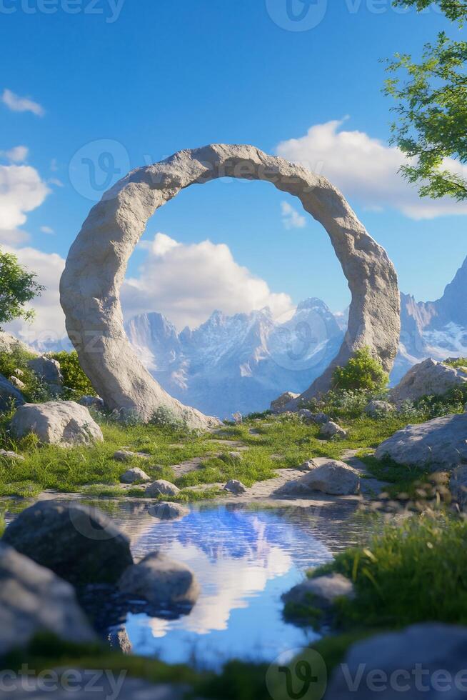 Stone circle portal, mountain backdrop, idyllic landscape, fantasy setting, game background photo