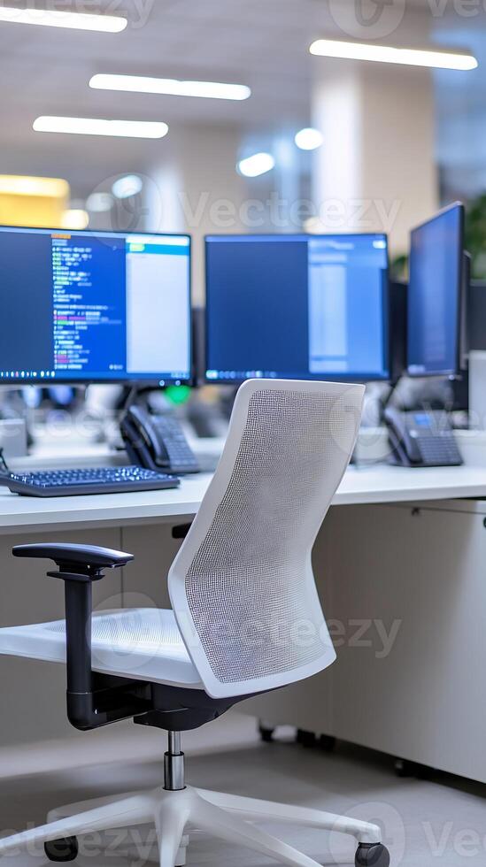 Modern office workstation, programmers coding, busy background, technology work photo