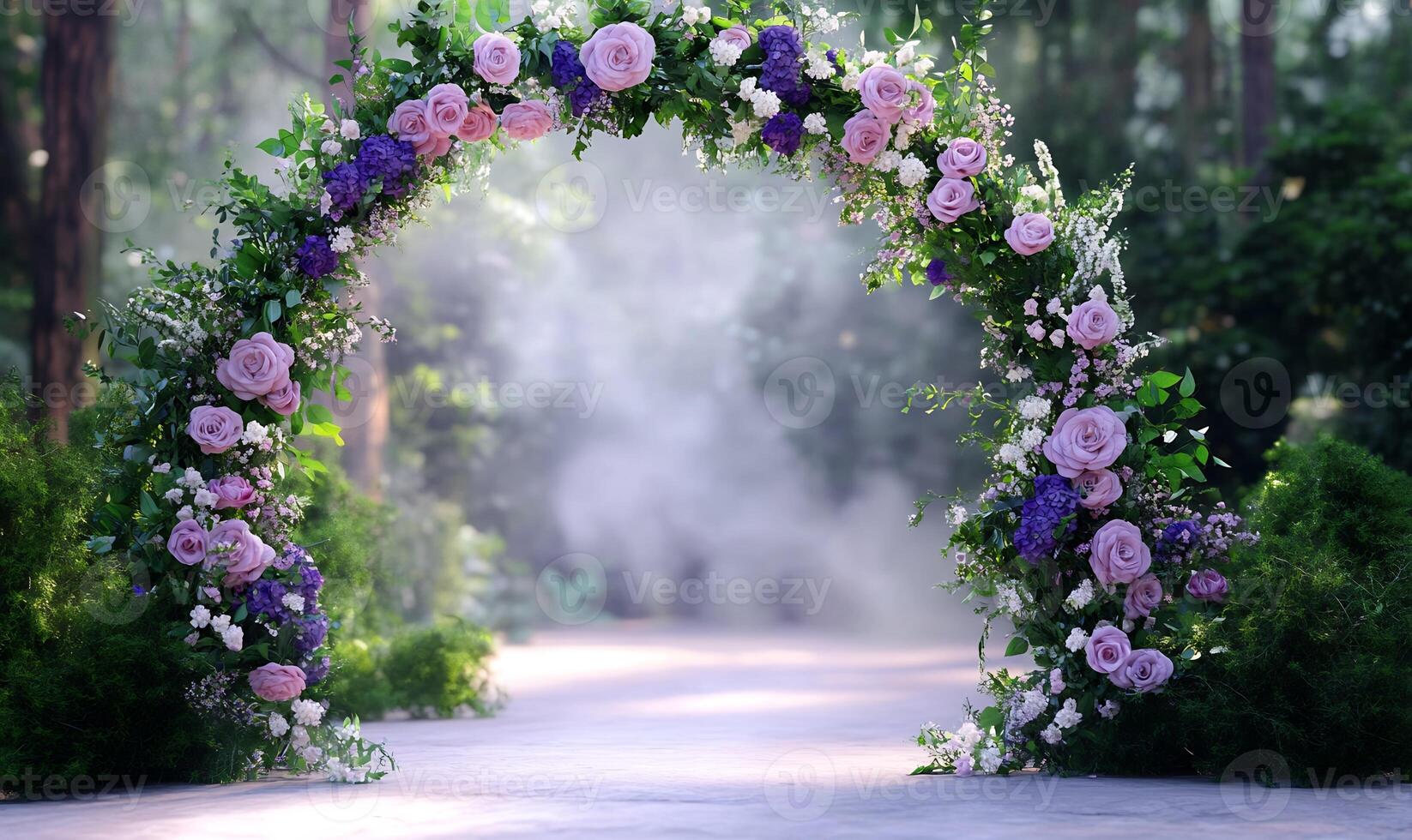 Floral archway wedding ceremony, misty forest path photo