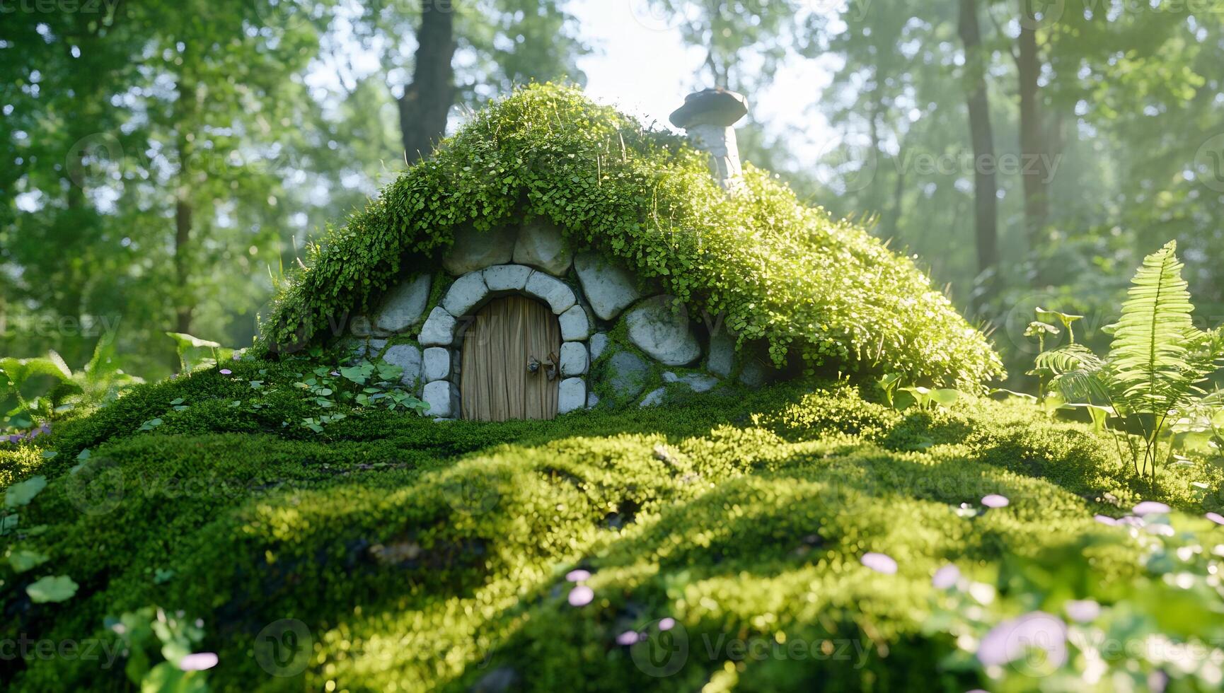 A small house made of moss and flowers photo