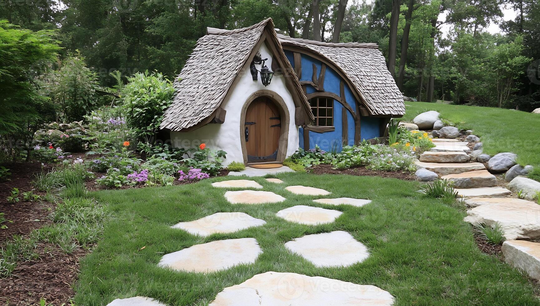 A small house with a stone path leading to it photo