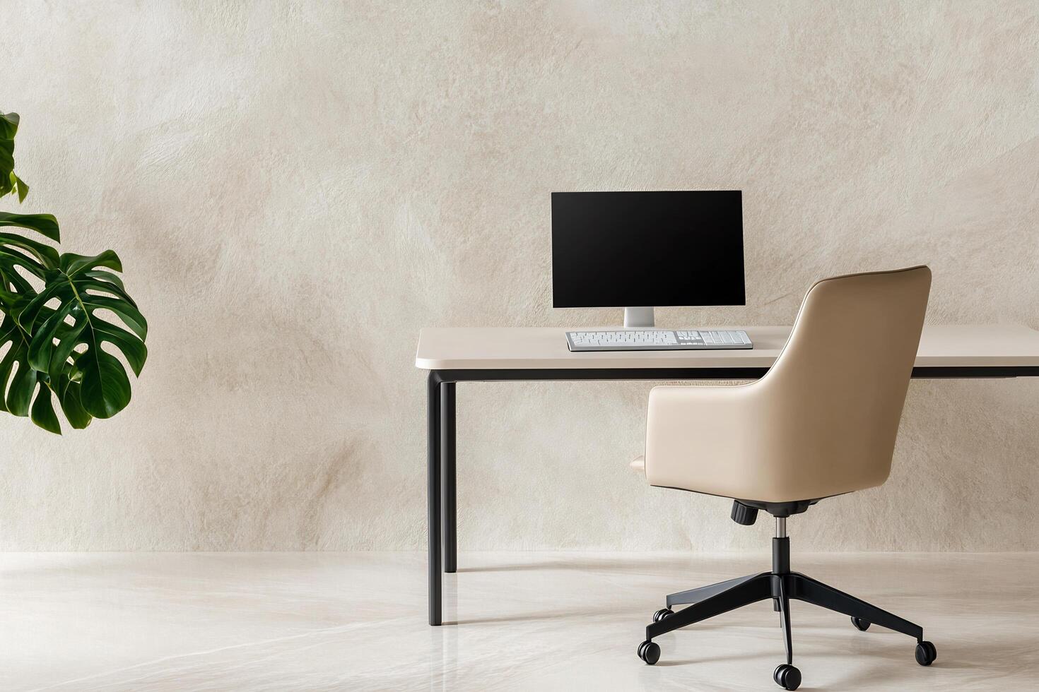 Minimalist home office workspace with computer, chair, and plant photo