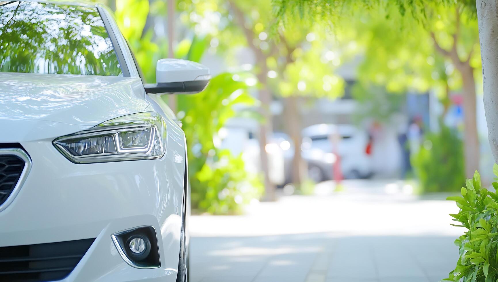 White car parked, sunny street, green foliage, urban background. Website banner, advertisement photo