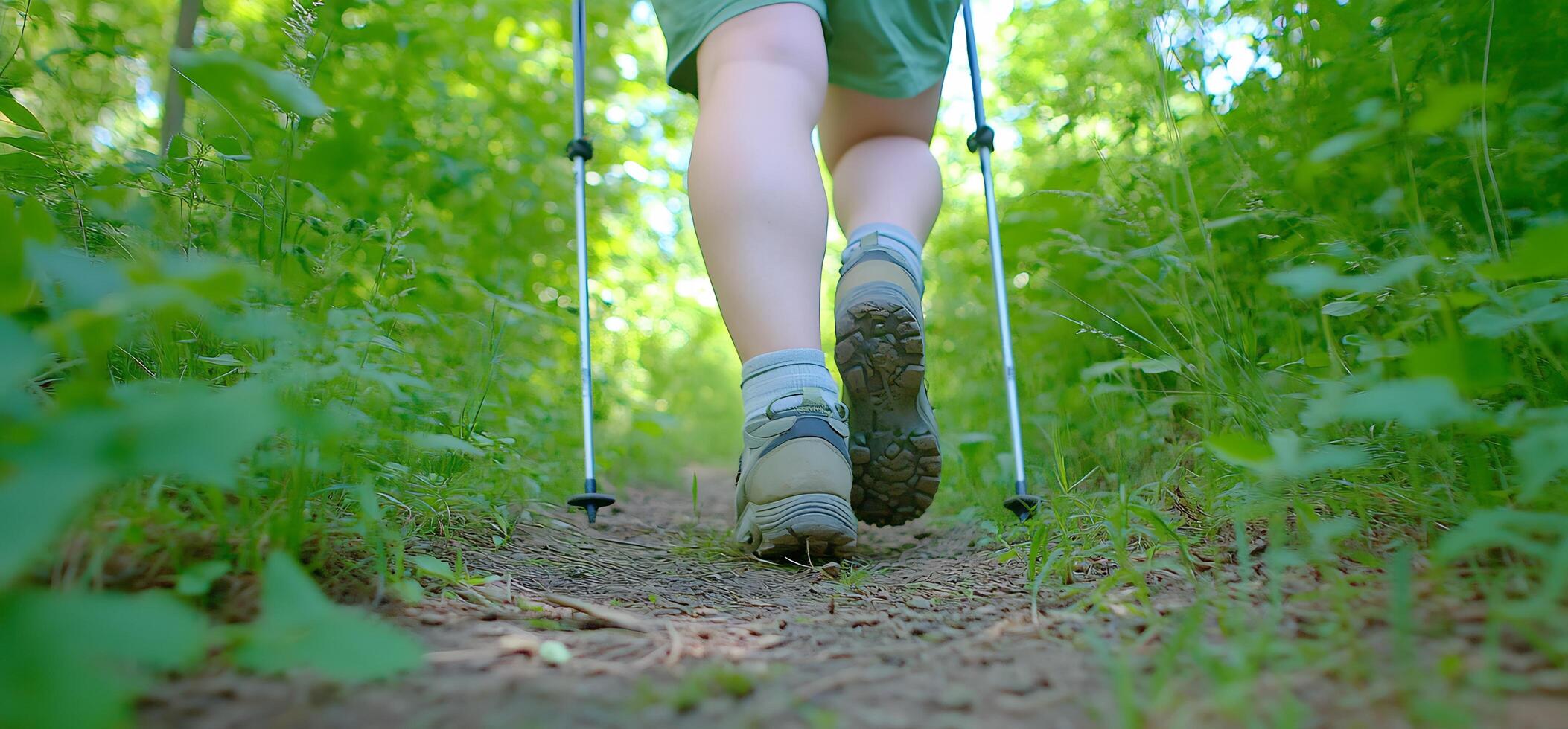 Hiking trail, legs, summer forest. Nature walk photo