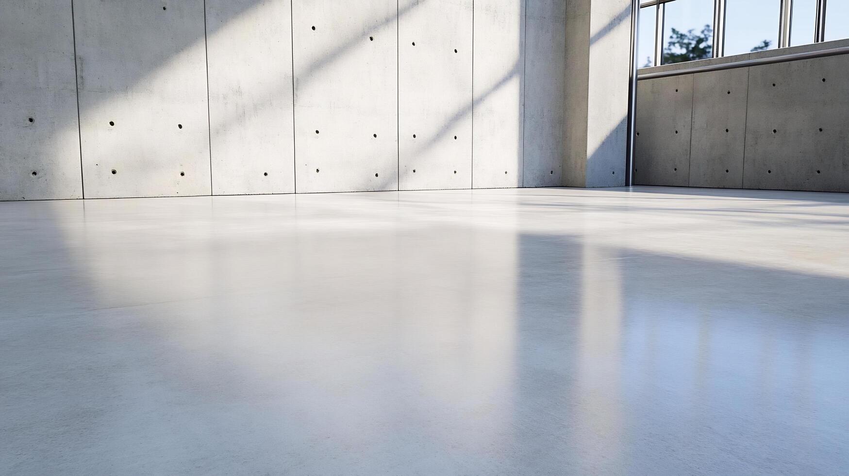 Sunlit empty concrete room, modern architecture, floor reflections, background window photo