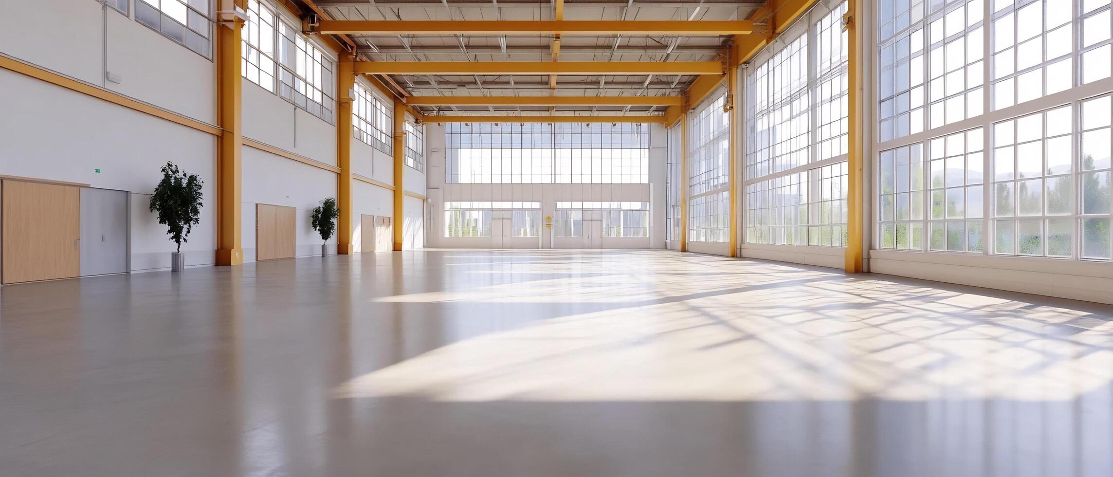 Sunlit spacious warehouse interior, ideal for event or industrial use photo