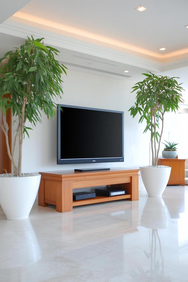 Modern living room with TV, plants, and marble floor photo