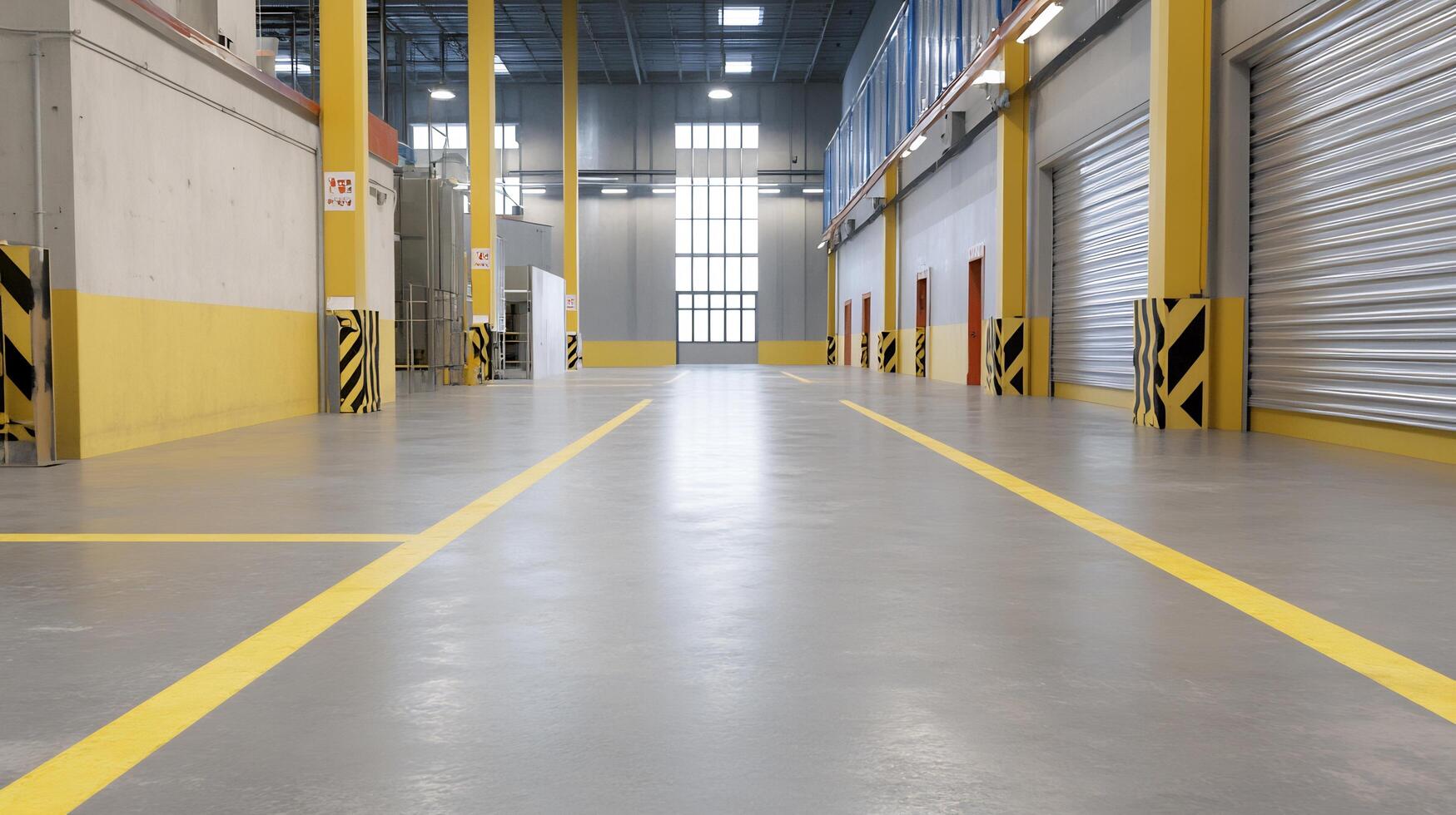 Factory interior, empty warehouse, floor markings, industrial building, production space, background, logistics, architecture, design photo