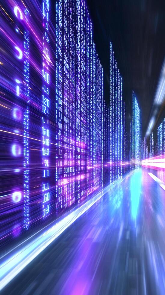 Digital city highway, fast data stream, night photo