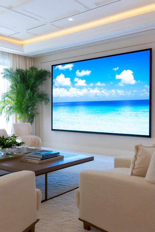 Tropical beach scene displayed on large screen in luxury living room photo