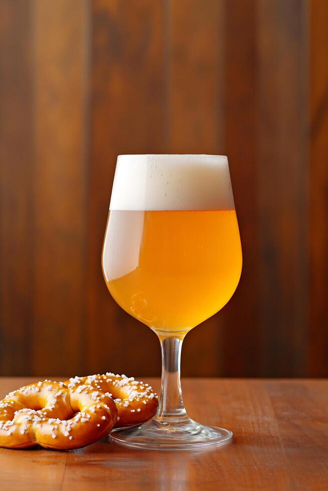 Cold beer with pretzels, wooden background photo