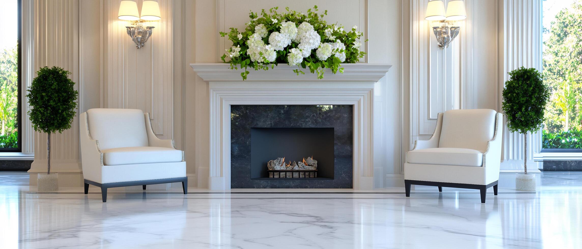 Elegant living room fireplace, white chairs, marble floor photo