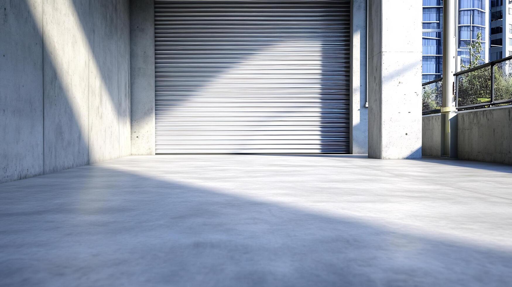 Urban garage, sunlight, concrete floor, city view, loading dock photo
