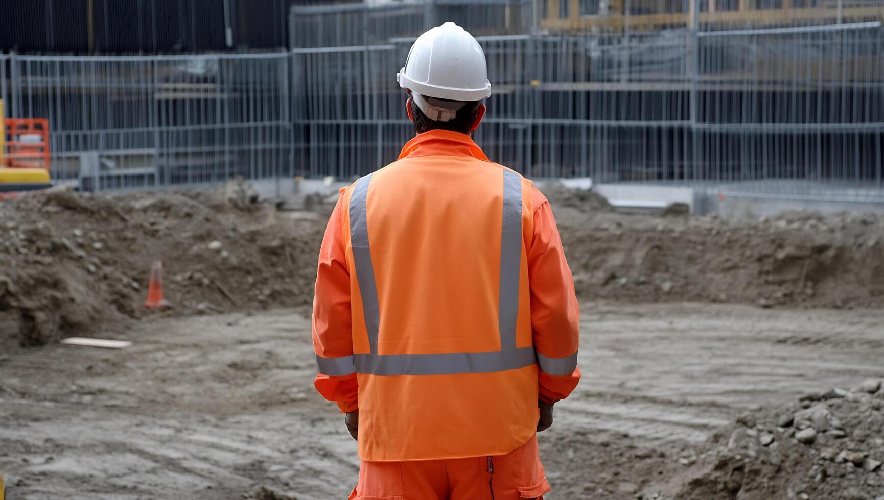Construction worker overseeing site, urban background photo
