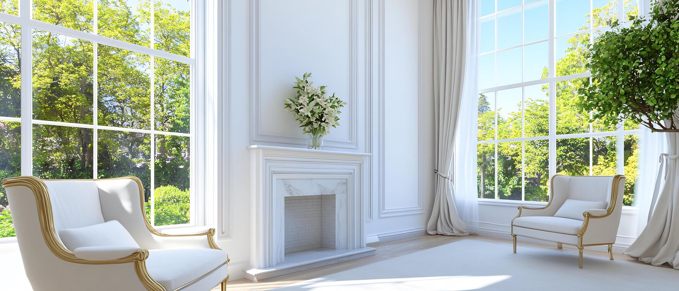 Sunny living room, white chairs, fireplace, garden view, luxury home interior design photo