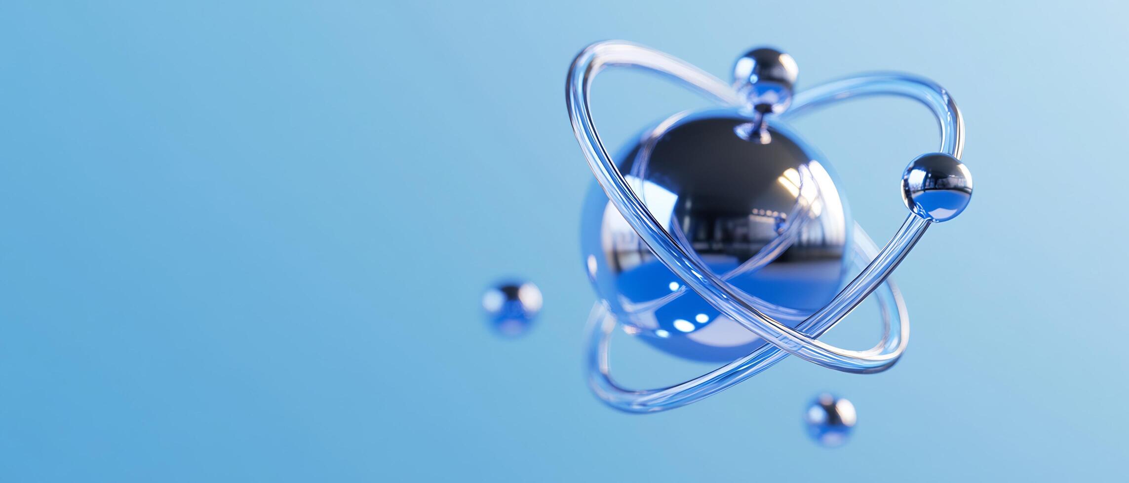 Atom model, science, blue background, technology concept photo