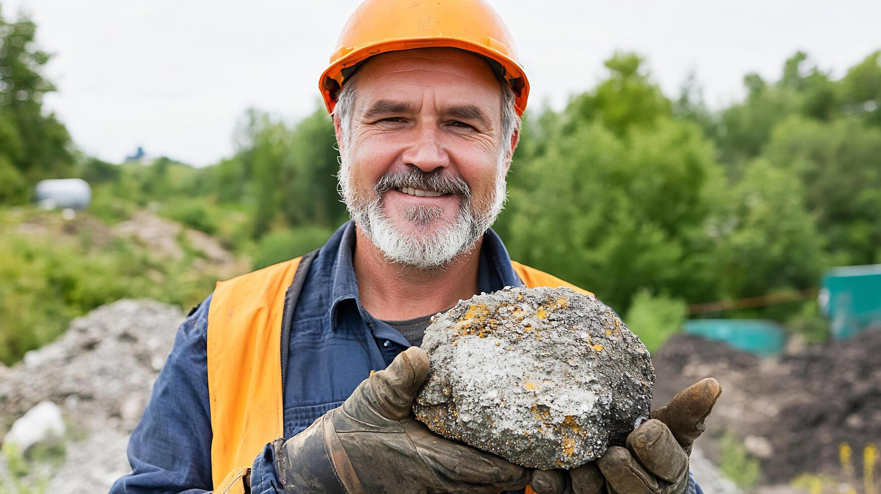 Geologist smiles, holding rock sample, outdoors, site background photo