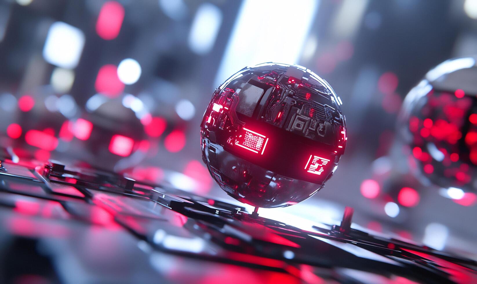 Futuristic sphere, glowing circuits, urban backdrop, tech concept photo