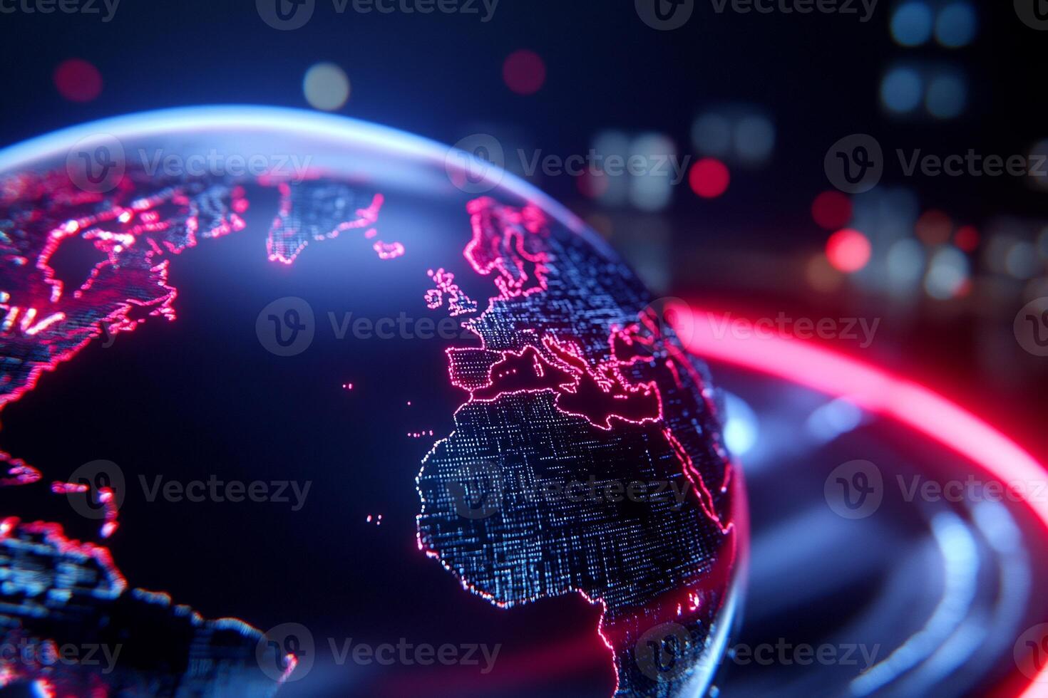 A globe with red lights and a city in the background photo