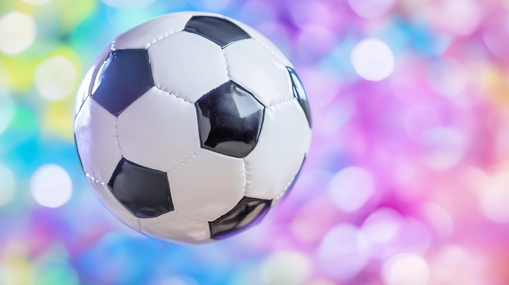 Soccer ball floats, colorful bokeh background, sports, advertisement photo