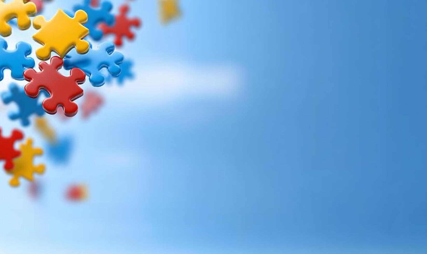 Colorful puzzle pieces falling, blue sky background, teamwork concept, website banner photo