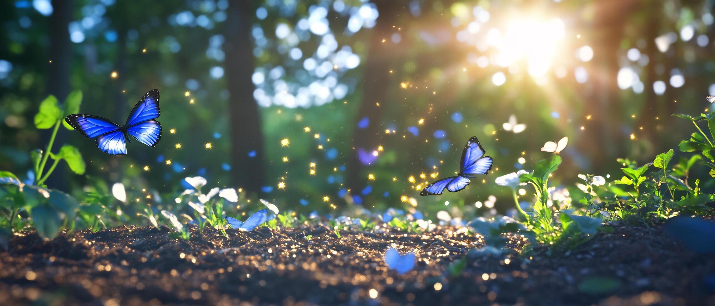 Blue butterflies flutter in sunlit forest. Magic background. Nature scene photo
