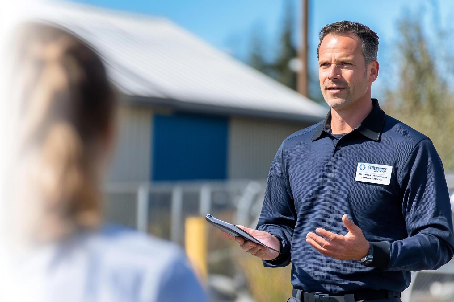 Man explaining project outdoors to woman photo