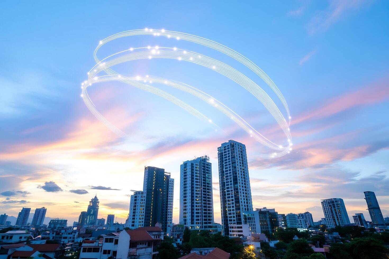 Cityscape sunset, light trails, network, connection, urban development, technology, future photo