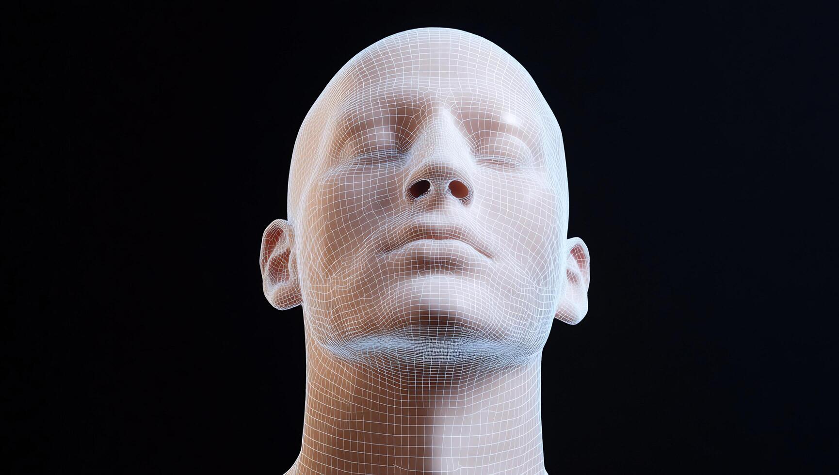 Wireframe head, calm face, dark background, AI concept, tech illustration photo