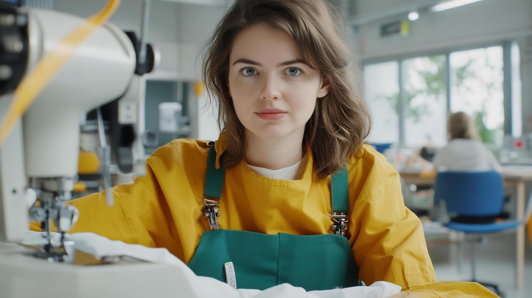 Young woman sewing, factory, focus, clothing, production photo