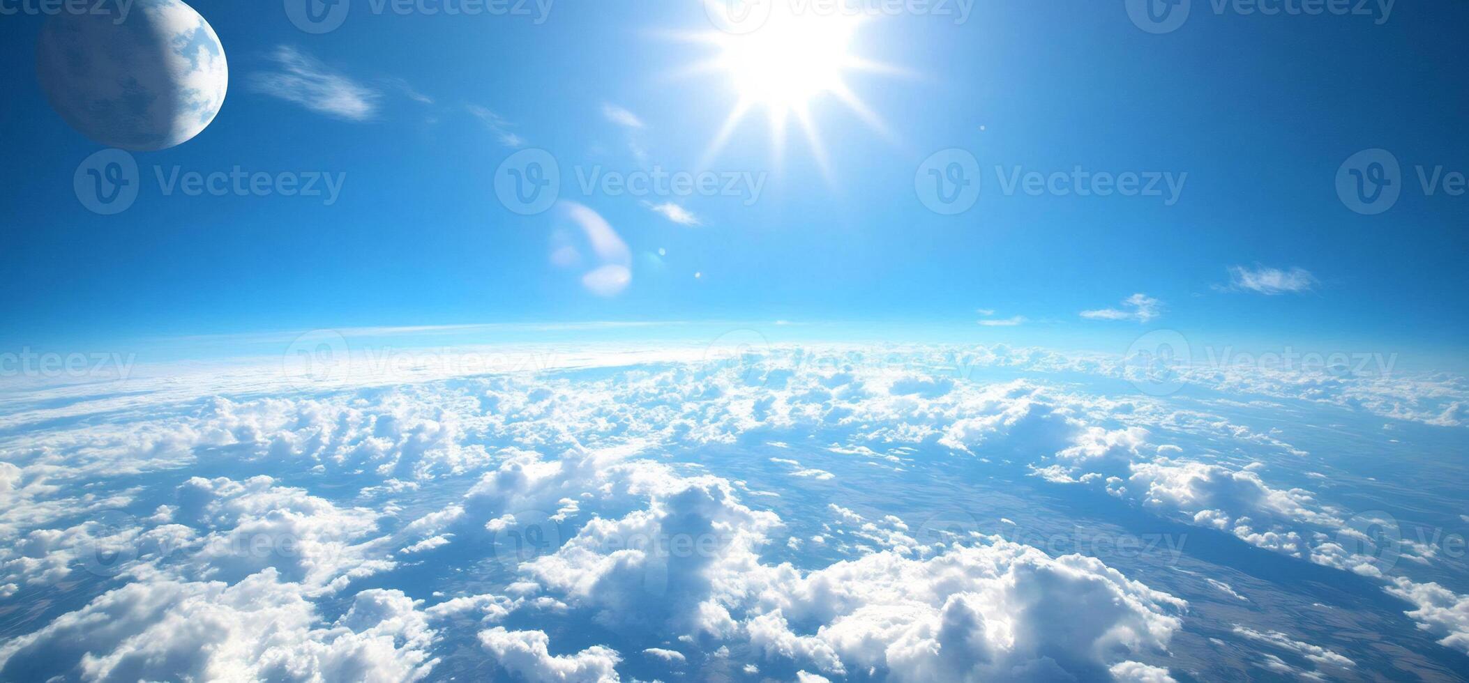 Above cloudscape, alien moon, sun. Space fantasy backdrop photo