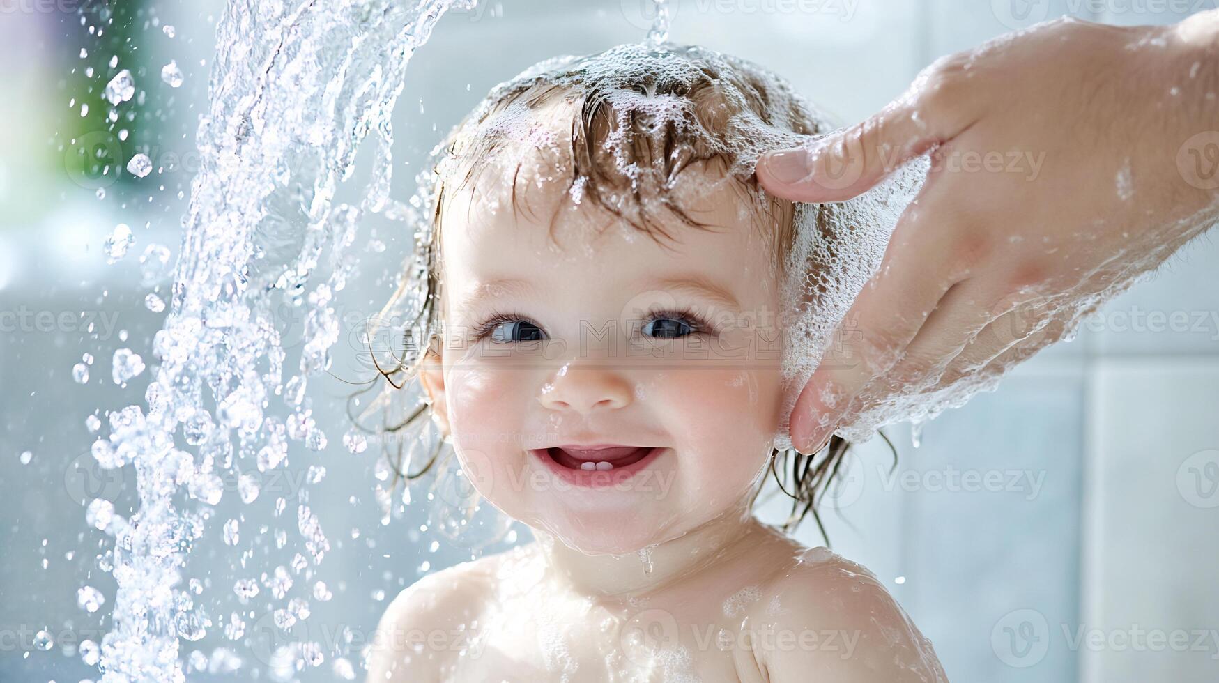 Happy baby's bath time, parent rinsing hair, clean background, family hygiene photo