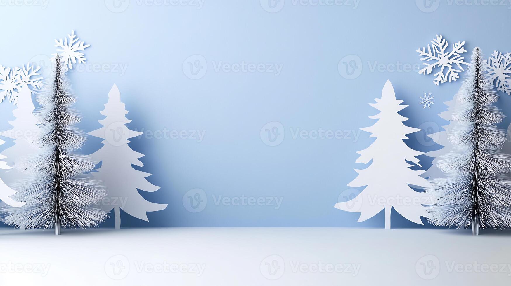 Winter scene paper trees, snowflakes, blue background. Holiday card, website banner photo