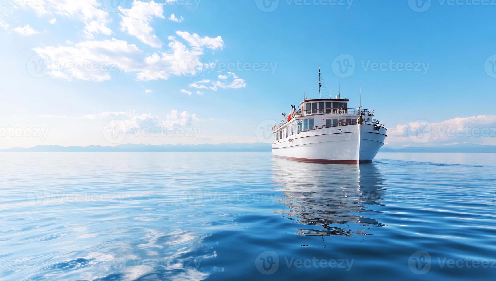 Classic yacht on calm lake, mountains in distance, sunny day, travel brochure photo