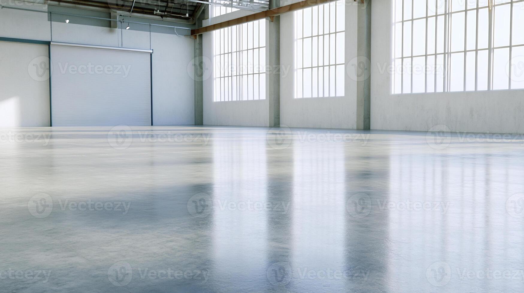 Spacious industrial warehouse interior, sunlight through large windows, polished concrete floor, empty space photo