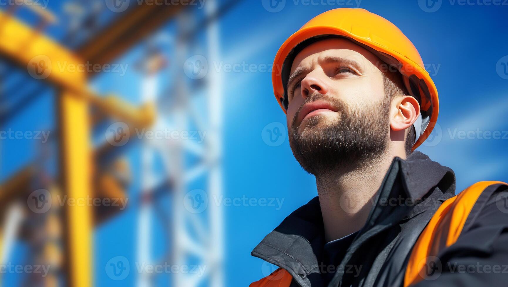Focused worker, port crane background, industrial site, safety gear photo