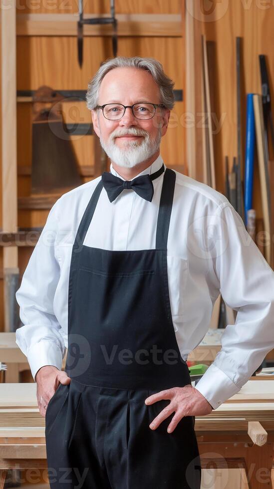 Craftsman smiling in workshop, wood background photo