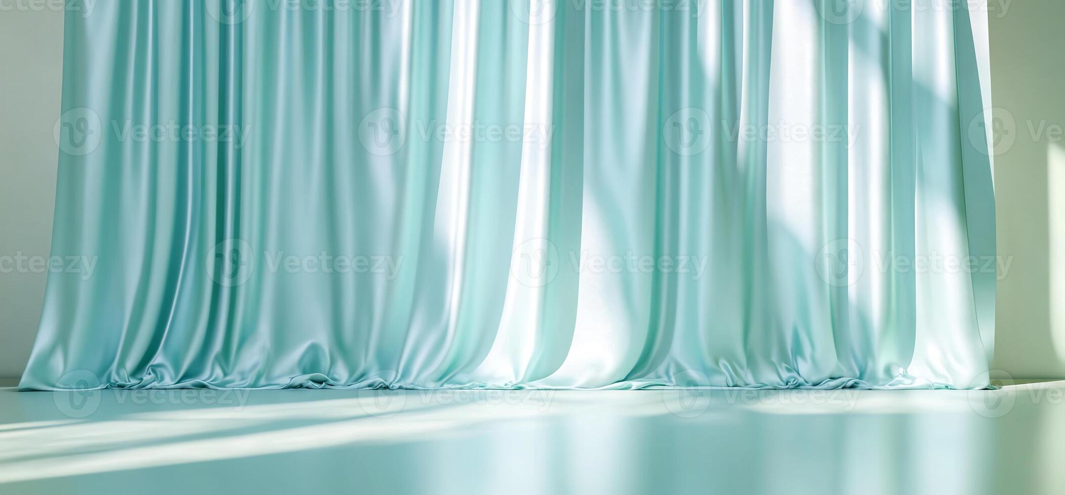 Light blue curtains in room, sunlit floor. Backdrop for product display photo