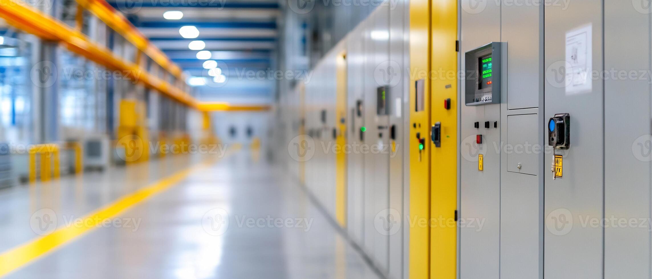 Industrial facility hallway, control panels, automated systems, background blurred. Use Stock photo for manufacturing, technology