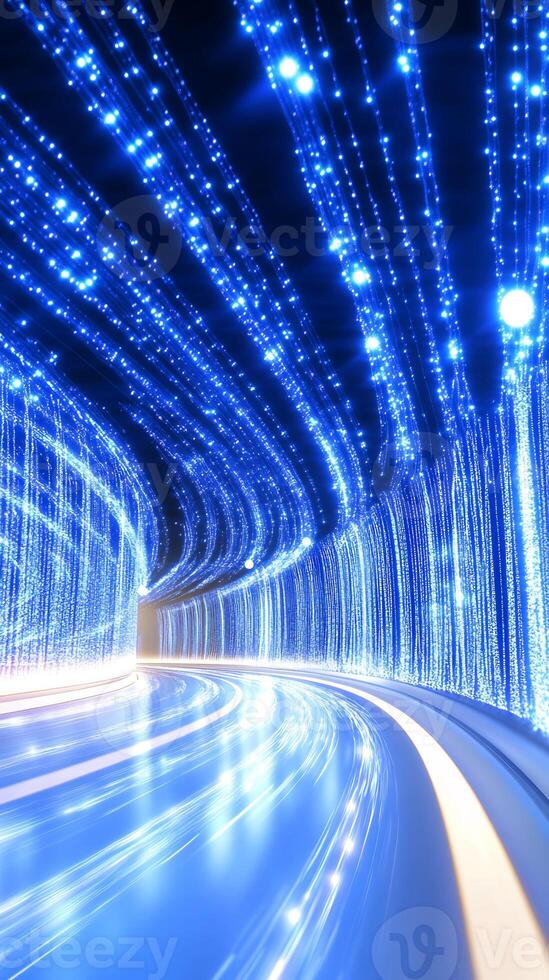 Blue light tunnel, digital data stream, futuristic highway, abstract background, tech concept photo
