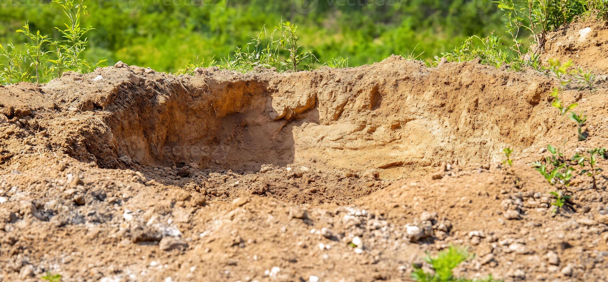 Sandy pit excavation, green background. Construction site photo