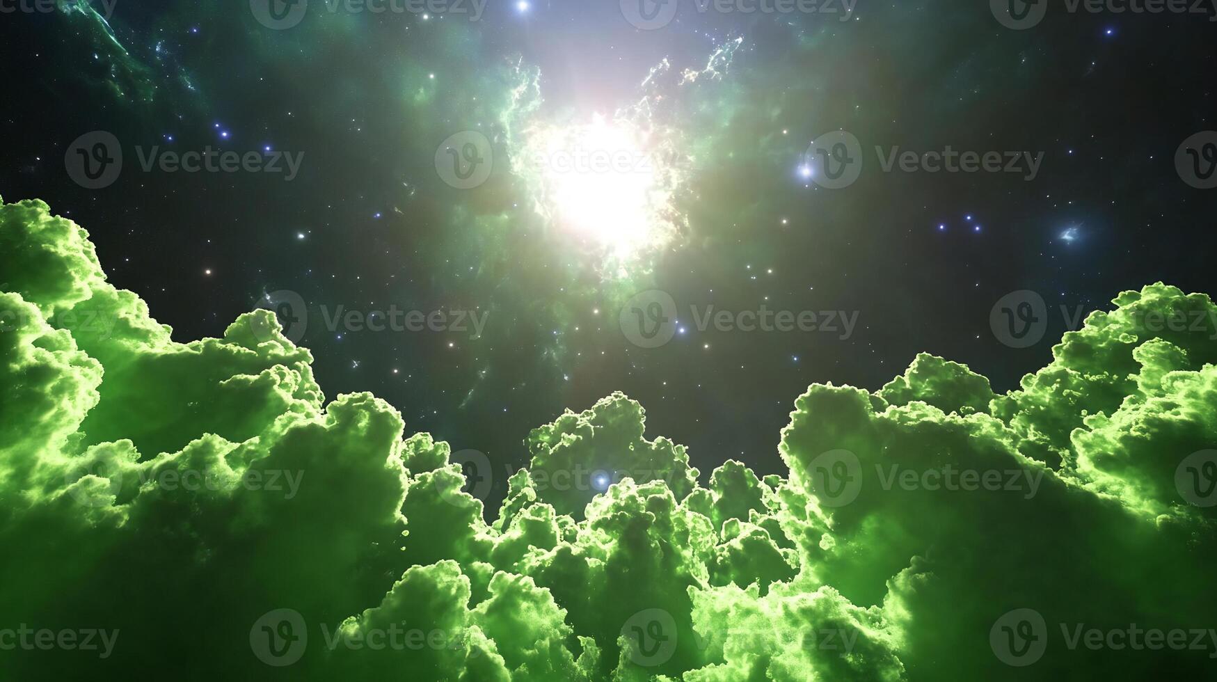 Green clouds and stars in the sky photo