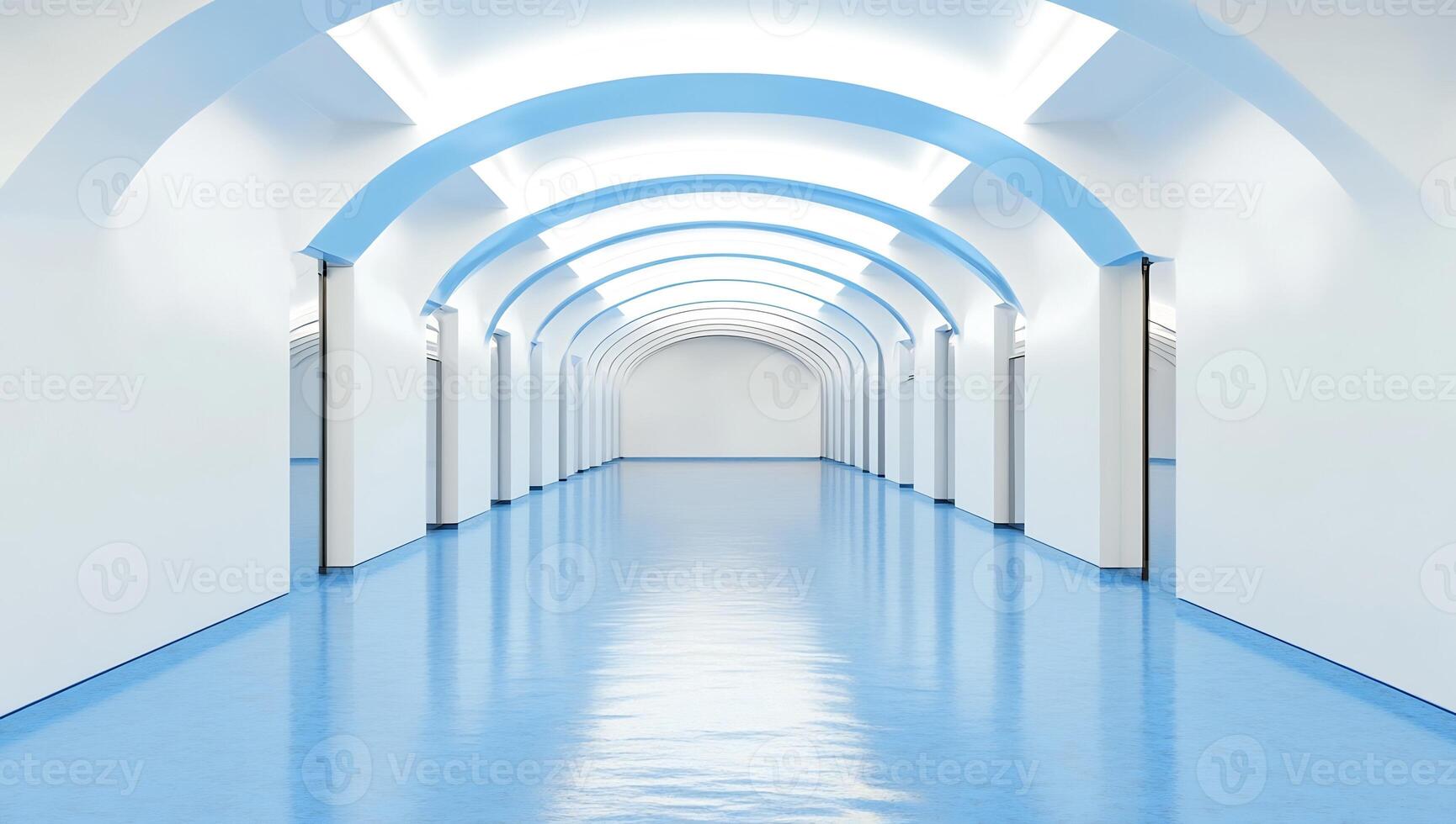 Modern blue corridor, arched ceiling, reflective floor, medical facility, architectural design photo