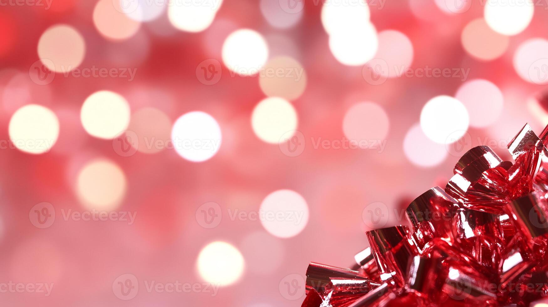 Red ribbon bow, bokeh lights, festive background, holiday card photo