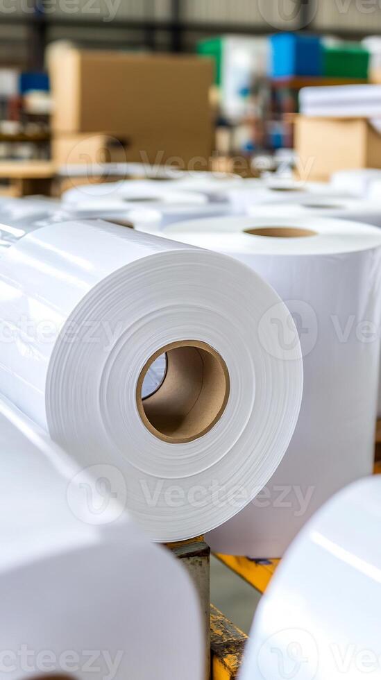 White paper rolls in factory warehouse. Industrial printing material storage photo