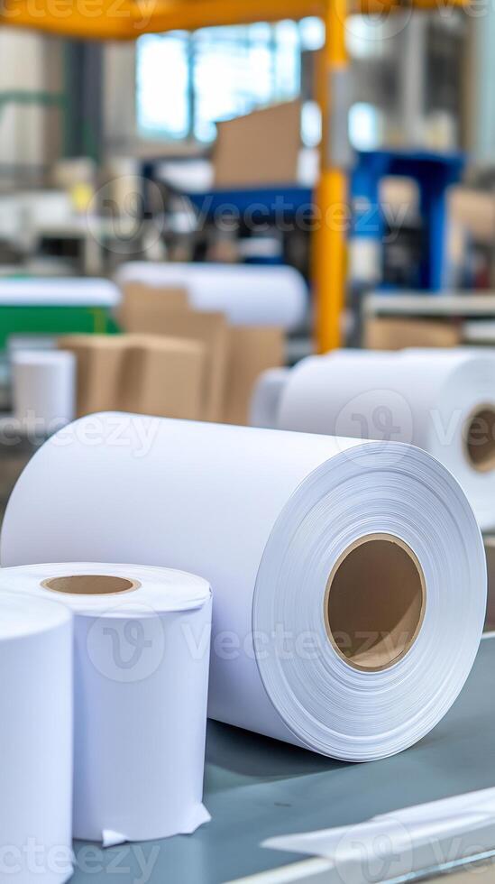 Paper rolls in factory, printing process, industrial production, background blur, packaging photo